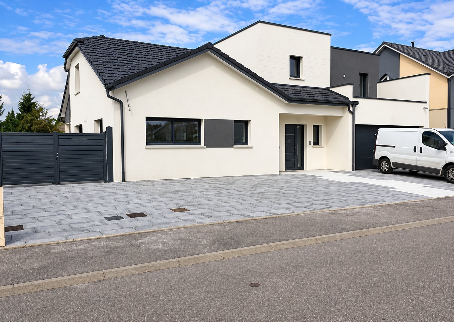 Maison contemporaine aux murs blancs et toit gris foncé, avec une grande allée pavée de dalles grises, un portail anthracite et une camionnette blanche garée à droite.