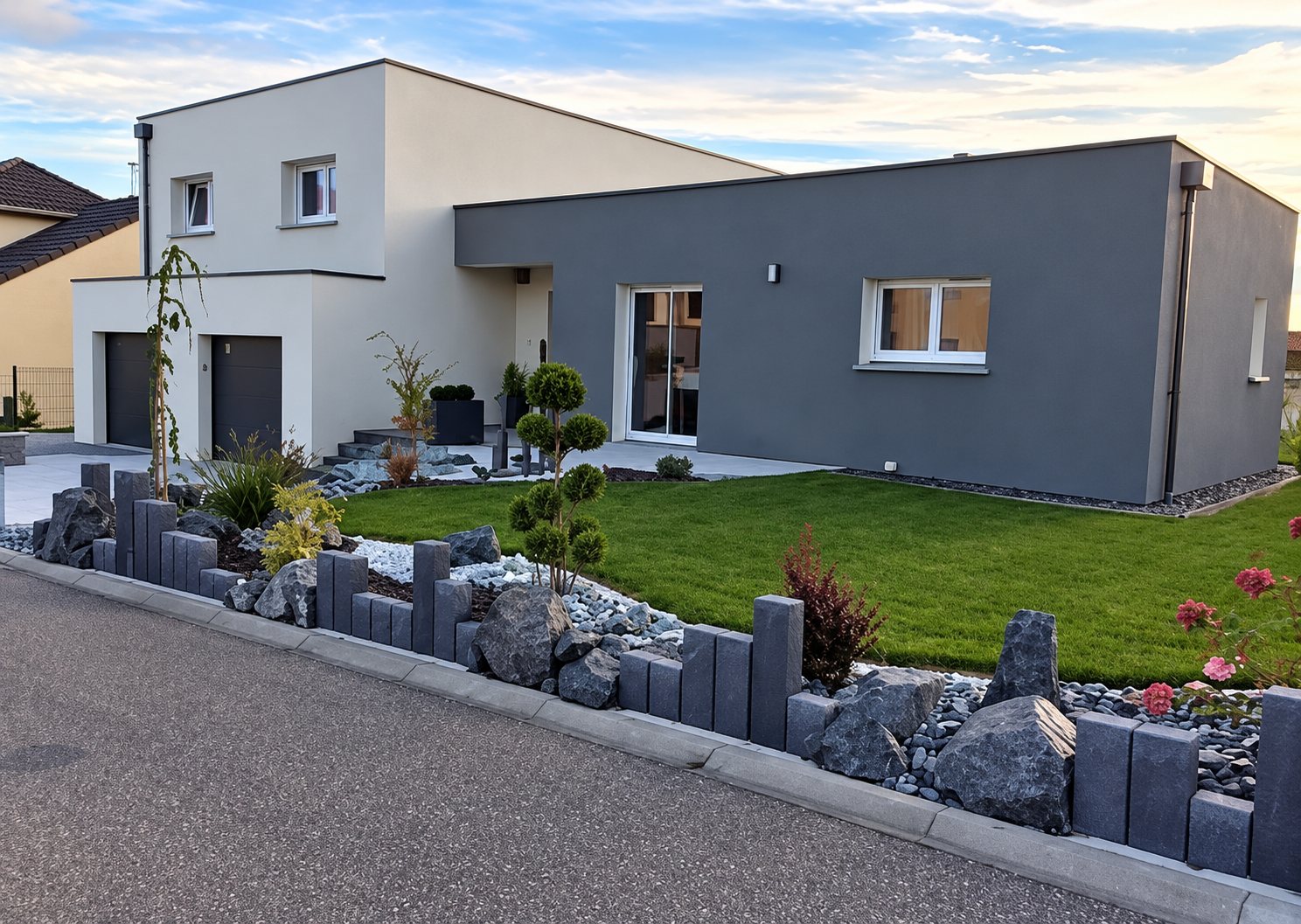 Une maison contemporaine aux façades grises et blanches, entourée d'une pelouse verte et d'un massif décoratif avec rochers et bordure de pierres grises.