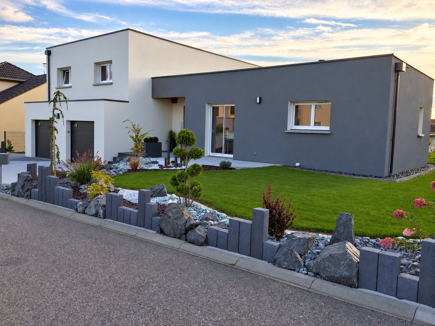 Maison contemporaine à toit plat, façade grise et blanche, avec un jardin aménagé de rochers, galets, arbustes taillés et bordures de palissades grises.