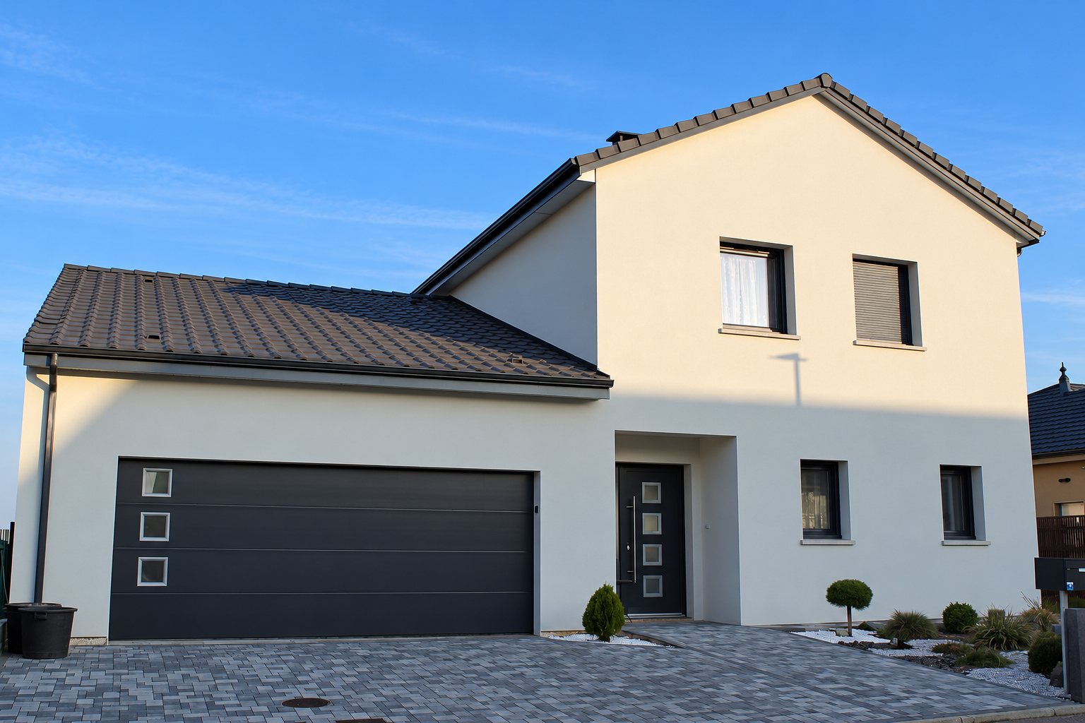 Façade d'une maison récente aux murs crépis beige clair, avec un toit en tuiles brunes, une grande porte de garage anthracite à hublots et une allée en pavés.