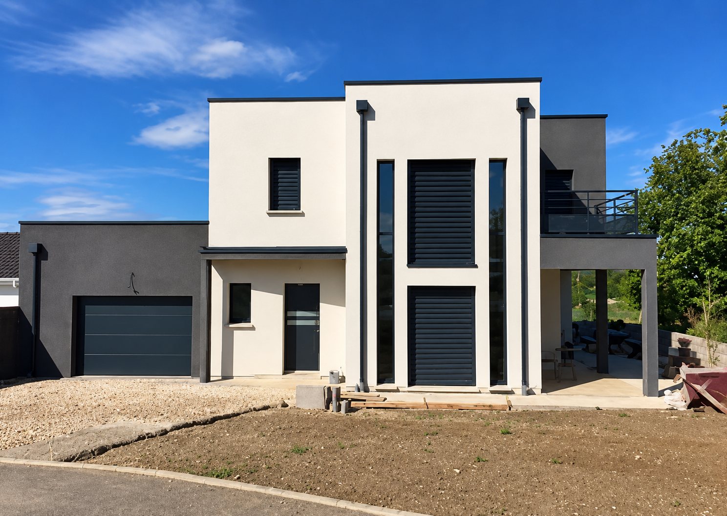Maison contemporaine à toit plat avec façade blanche et grise, volets roulants anthracite, garage et terrasse à l'étage, terrain en cours d'aménagement devant.
