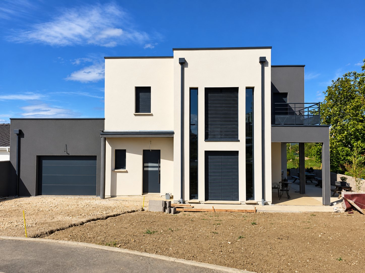 Maison contemporaine à toit plat aux façades blanches et grises, avec garage, volets roulants et terrasse couverte, entourée d'un terrain en cours d'aménagement.