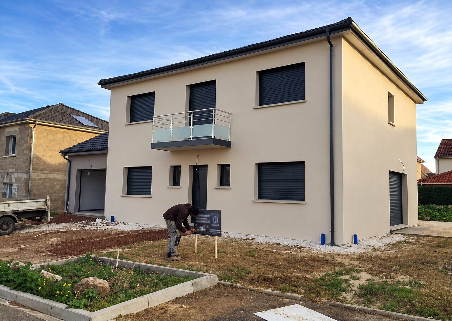 Une maison neuve à étage, à façade beige et volets roulants sombres, se dresse sur un terrain en chantier où un homme se penche près d'un panneau.
