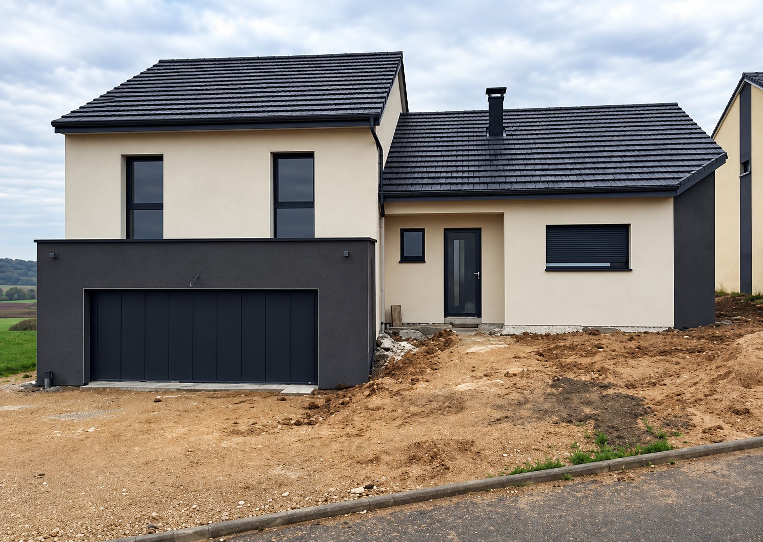 Maison individuelle récente aux murs beiges et toit gris foncé, avec un garage anthracite et un terrain encore en terre devant.