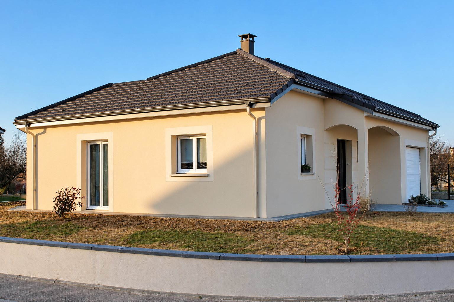 Maison individuelle récente de plain-pied avec façade crépie beige, toit en tuiles sombres, porche voûté et garage, entourée d'un jardin en cours d'aménagement.