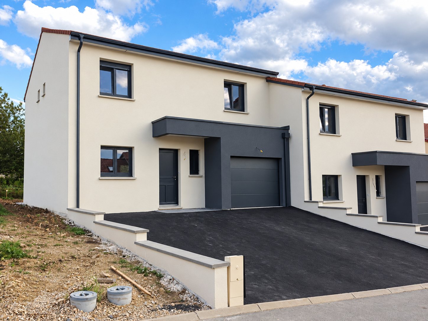 Deux maisons jumelées récentes à façade crépie claire, avec entrée et garage gris anthracite, devant une allée fraîchement goudronnée.